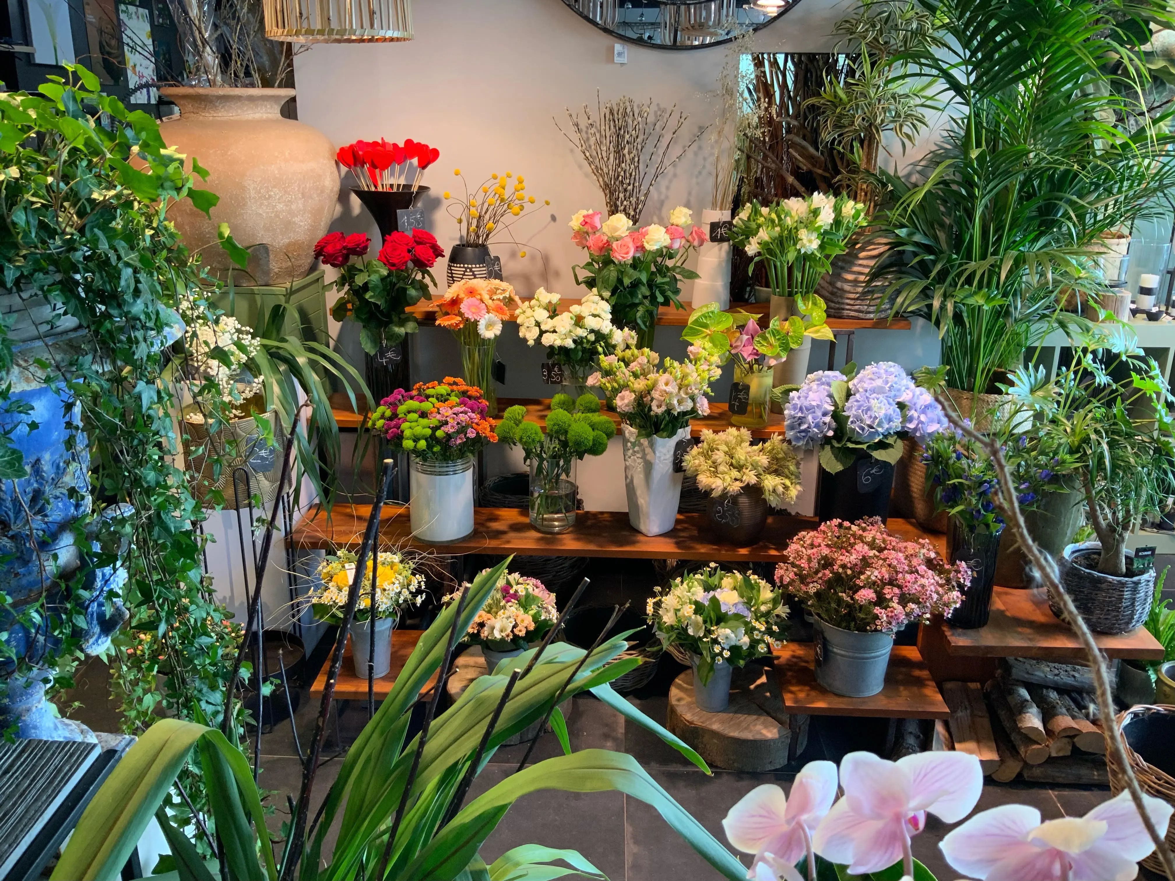 Intérieur de la boutique avec bouquets colorés sur étagères