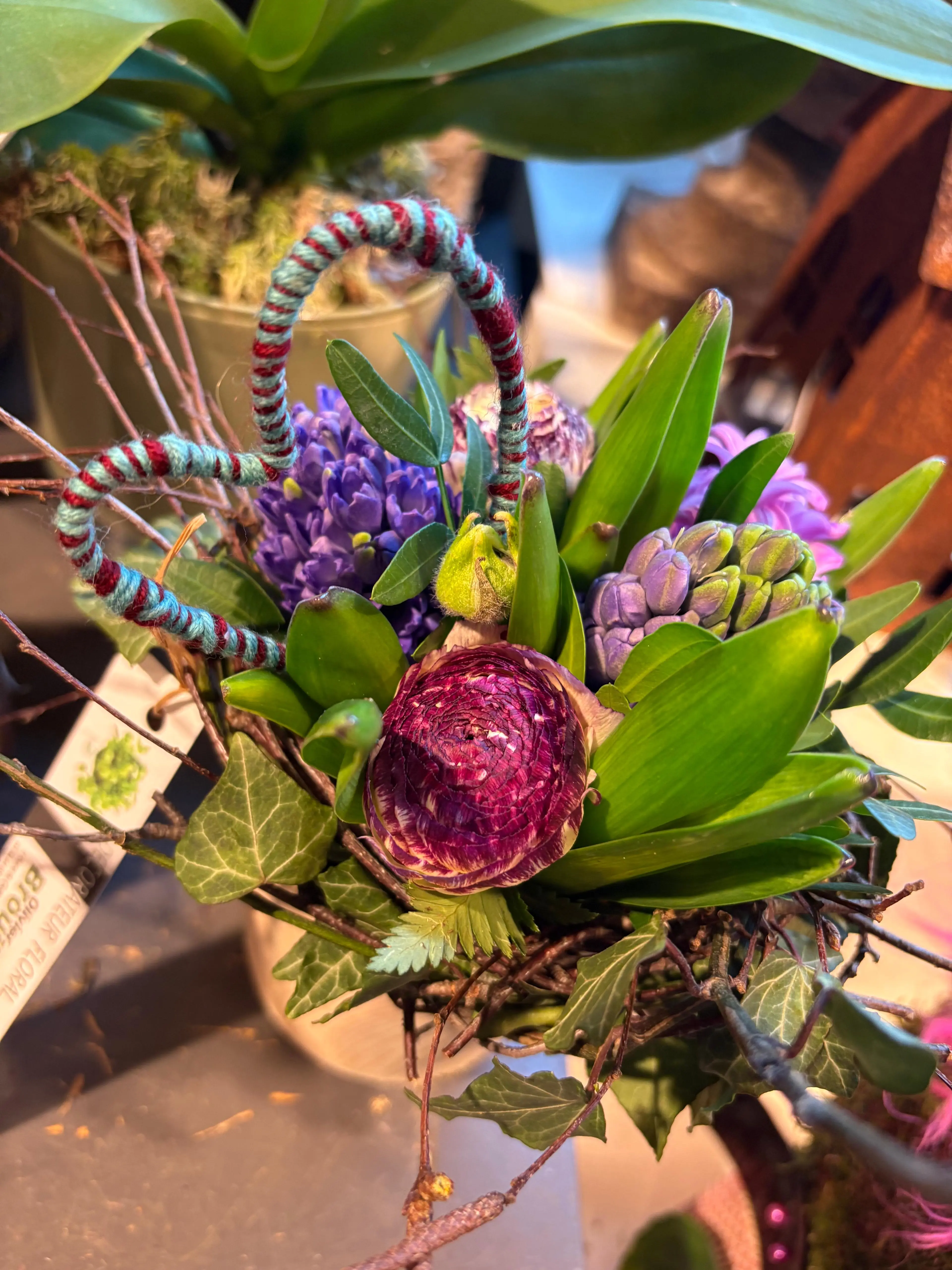 Composition panier jacinthes protea et lierre