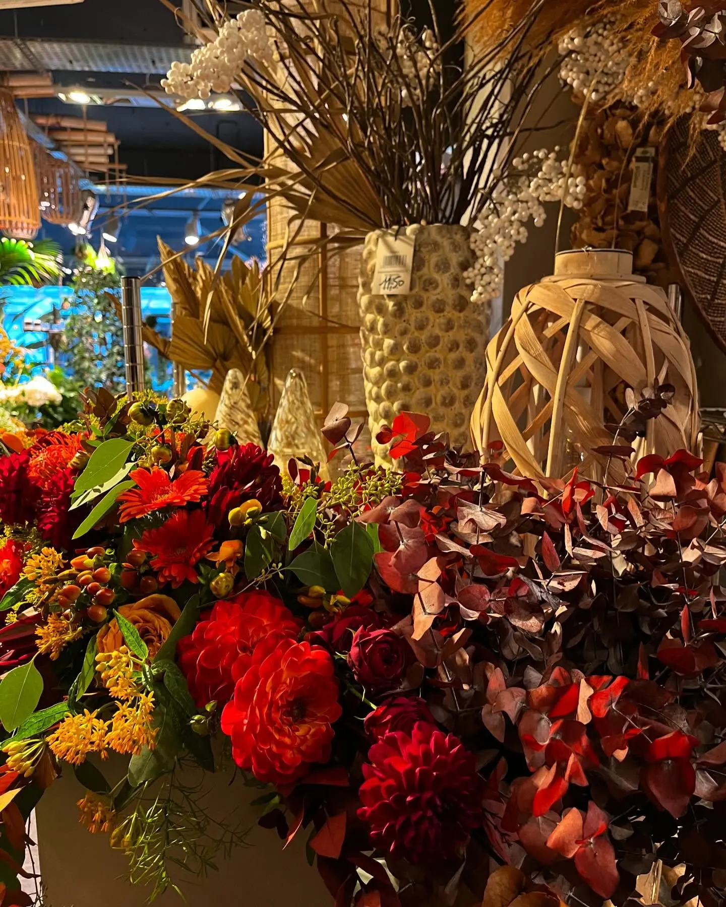 Devanture boutique fleurs d'automne dahlias rouges